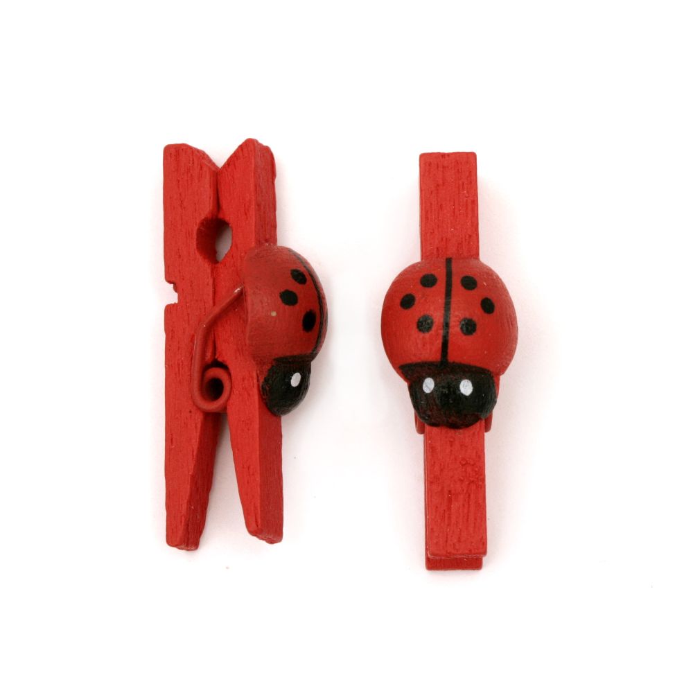 Wooden clips 5x30 mm with red ladybug for decorating festive cards, gifts, photos - 20 pieces