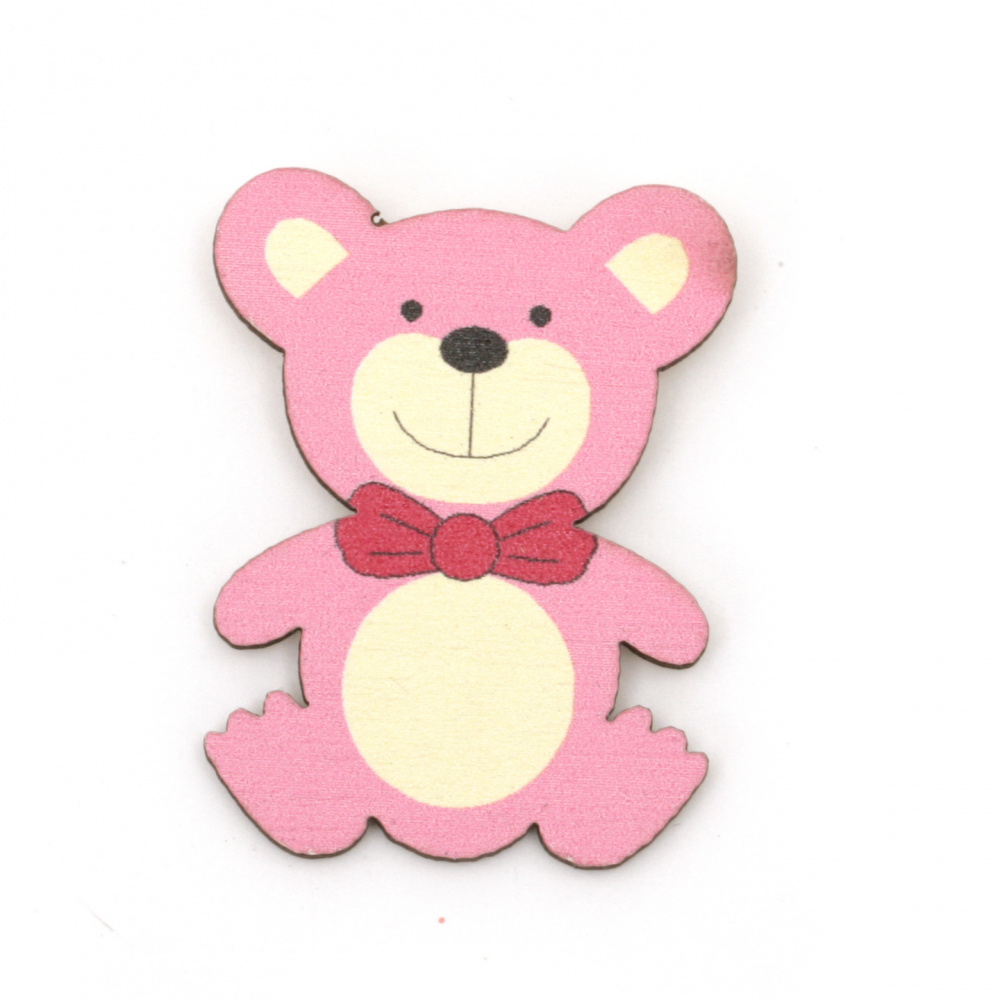 Wooden Bear with adhesive tape 38x29 mm pink - 10 pieces