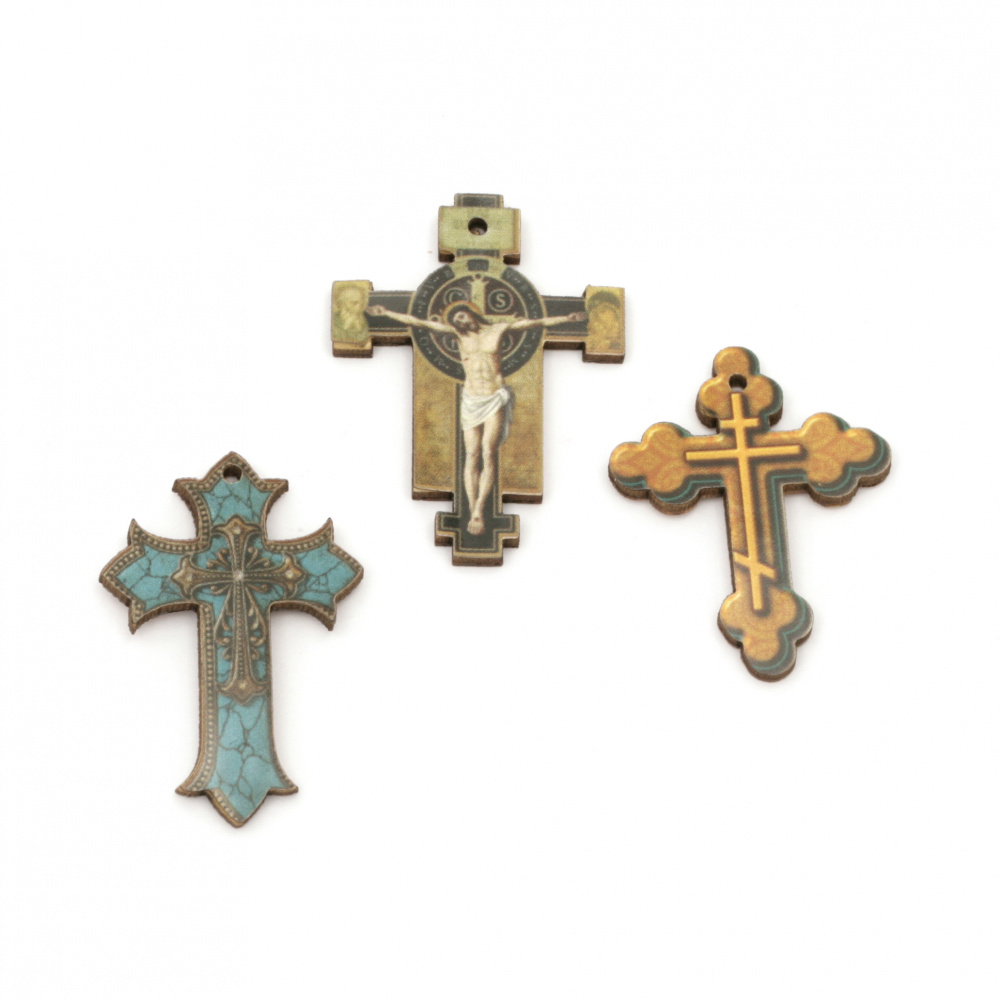 Plywood Cross Pendants /  35x24±27 mm, Hole: 1 mm ASSORTED - 10 pieces