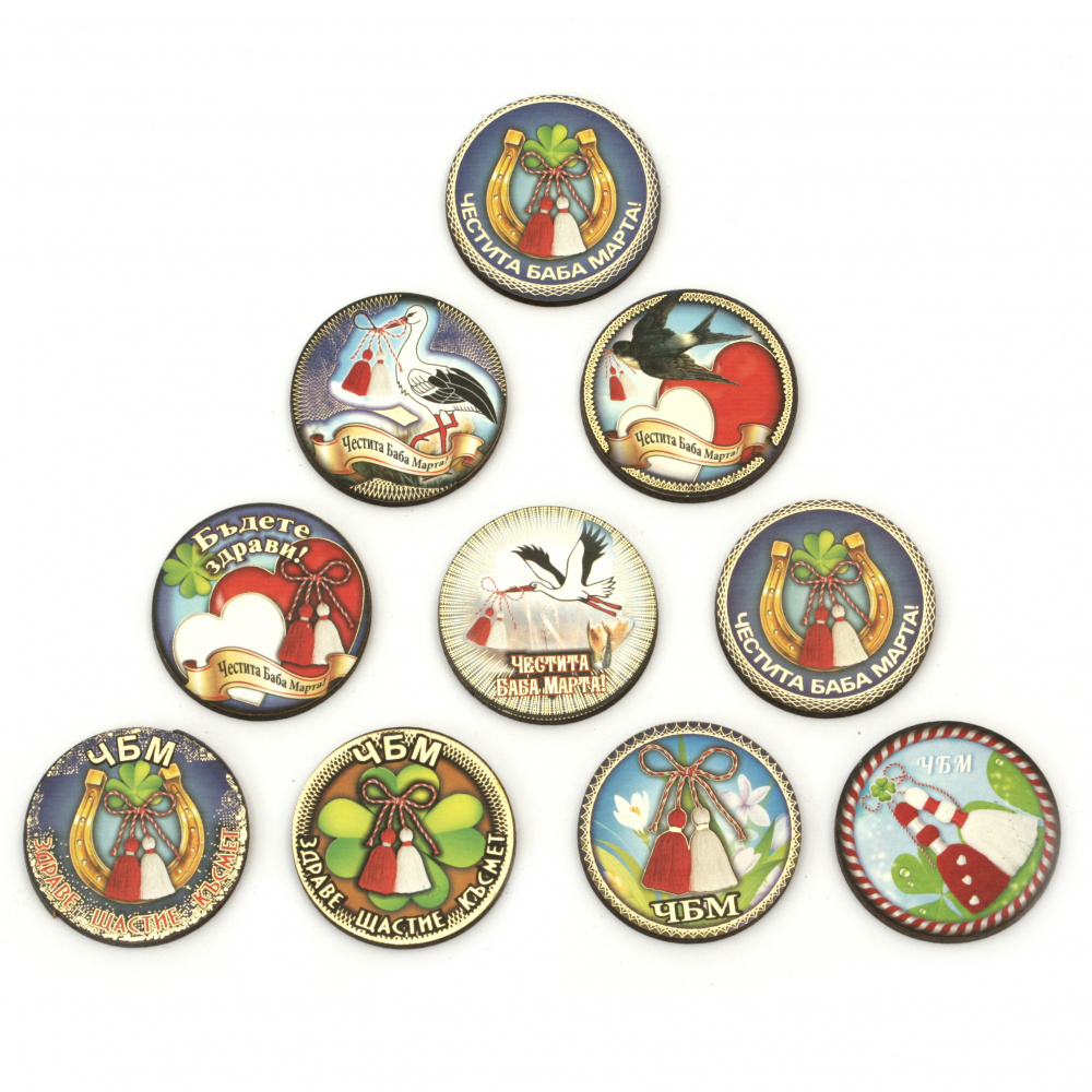 Round MDF Tile with Prints for Baba Marta / 38x3 mm / ASSORTED - 10 pieces