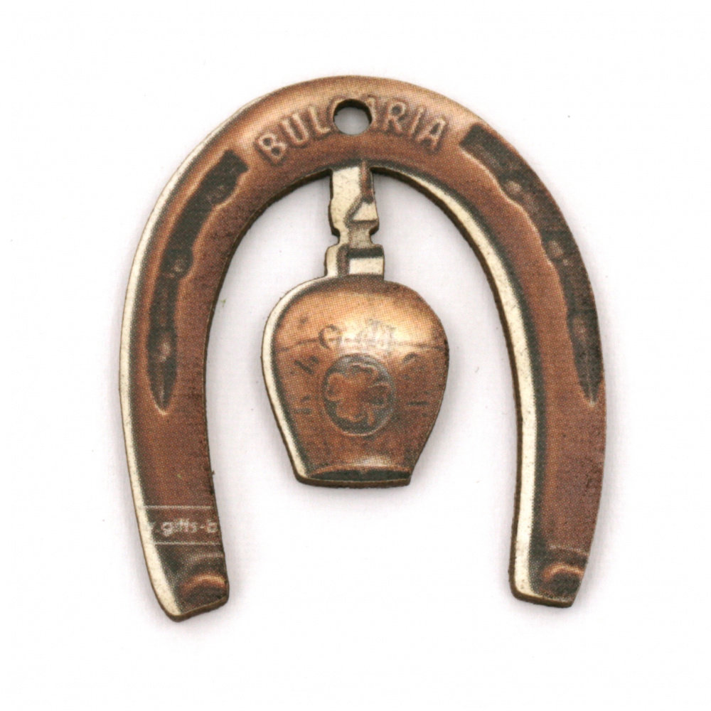 Plywood Pendant, Horseshoe with a Cowbell / 35x30x2 mm, Hole: 2 mm - 10 pieces