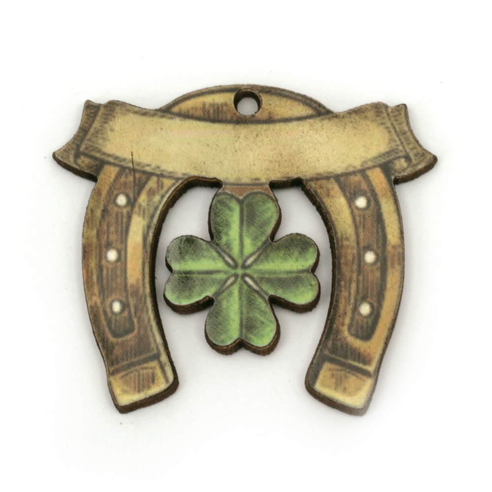 Plywood Charm, Horseshoe with Clover / 35x40x2 mm, Hole: 2 mm - 10 pieces