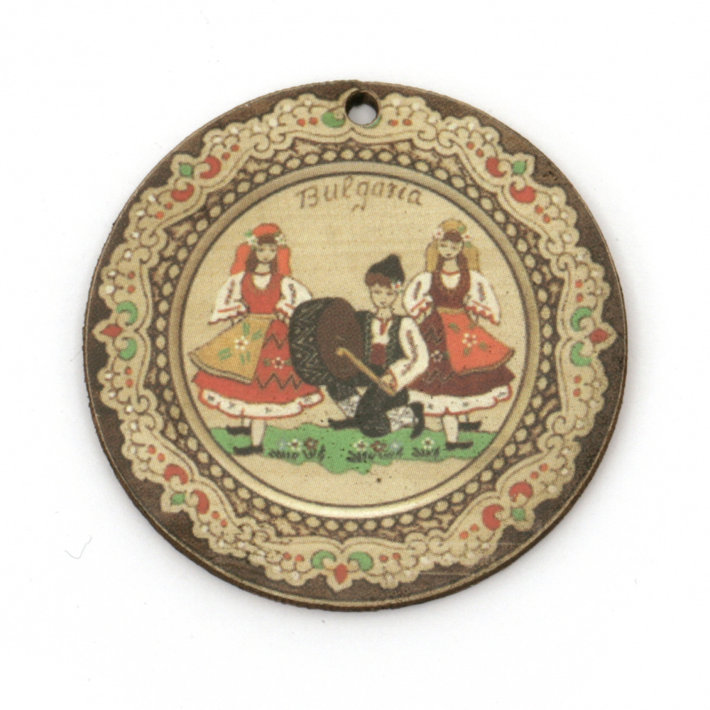 Plywood Round Charm with Bulgarian Dancers / 40x2 mm,  Hole: 2 mm - 10 pieces