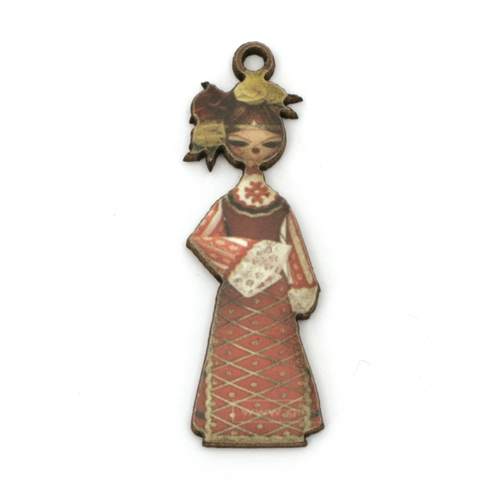 Pandantiv femeie cu costum popular din placaj 44x15x2 mm gaură 2 mm -10 bucăți