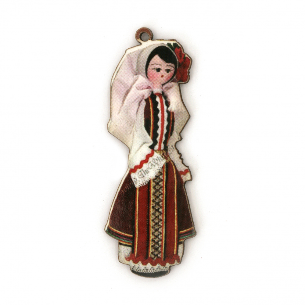 Plywood Charm, Woman with Traditional Dress / 47x17x2 mm,  Hole: 2 mm - 10 pieces
