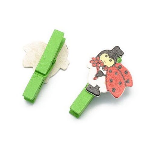 Colored Wooden Pegs with Ladybugs for CRAFT Designs / 45x7 mm, Ladybug: 32.5x30x2 mm - 6 pieces