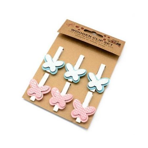 Delicate wooden clips with butterfly from  wood and felt 48x7 mm  27x35 mm - 6 pieces