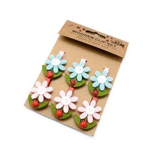 Wooden Clamps for Decoration 48x7 mm flower tree and felt 43x33 mm -6 pieces