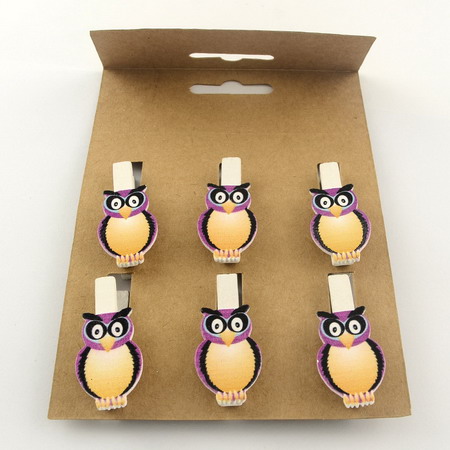 Wooden clips with small owl 35x7 mm 33x2 mm - 6 pieces