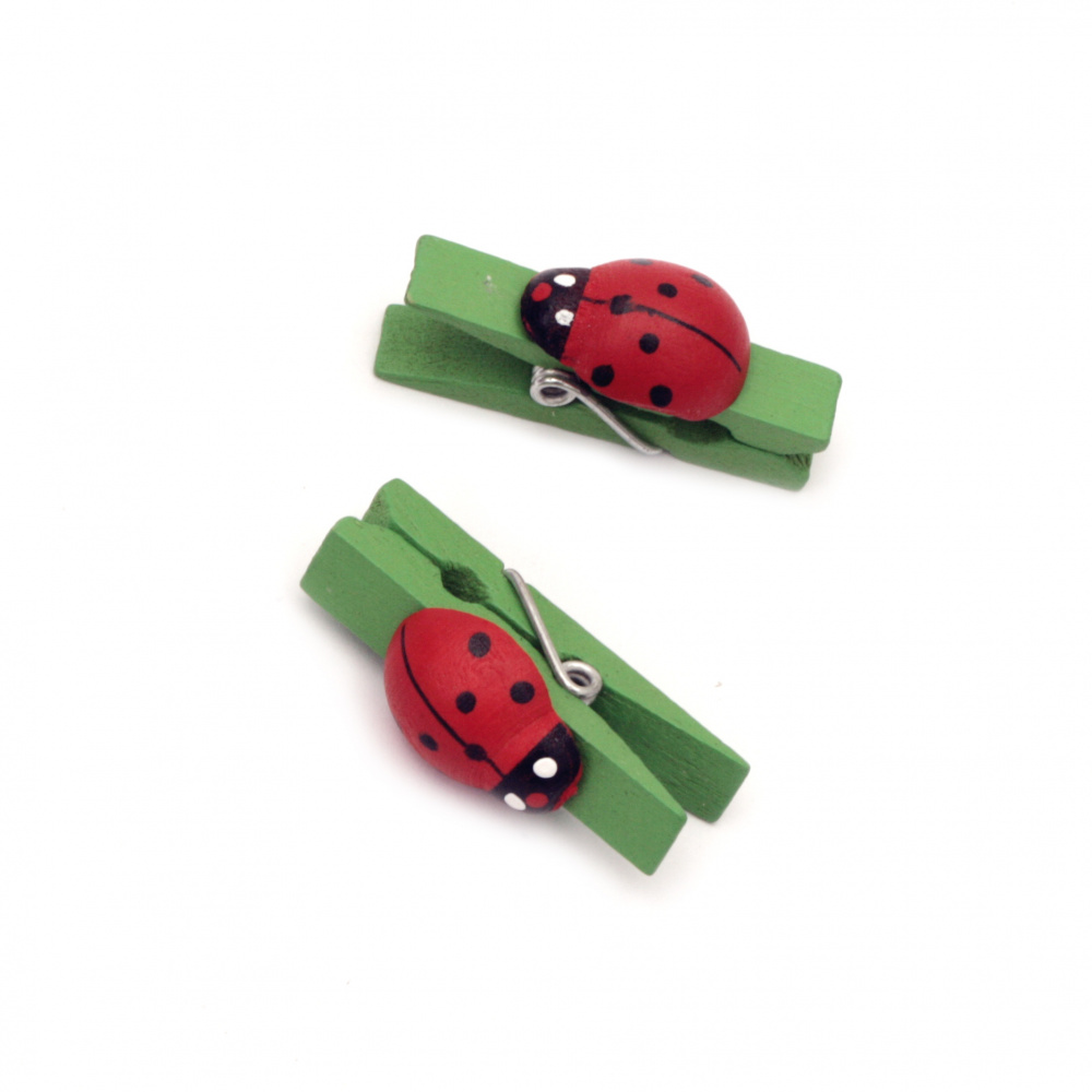 Wooden Decorative Clamps 7x36 mm with ladybird green -20 pieces