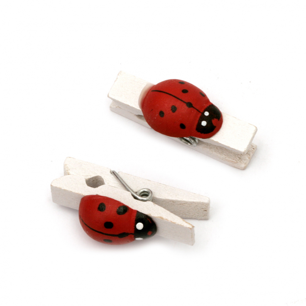 Wooden Decorative Clamps 7x36 mm with ladybird white -20 pieces