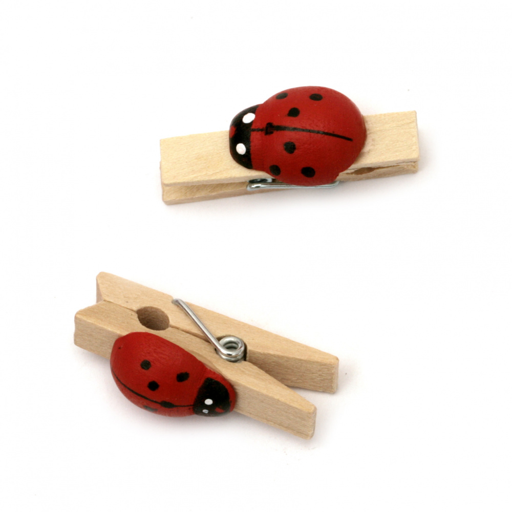 Wooden Decorative Clamps 7x36 mm with ladybug color wood -20 pieces
