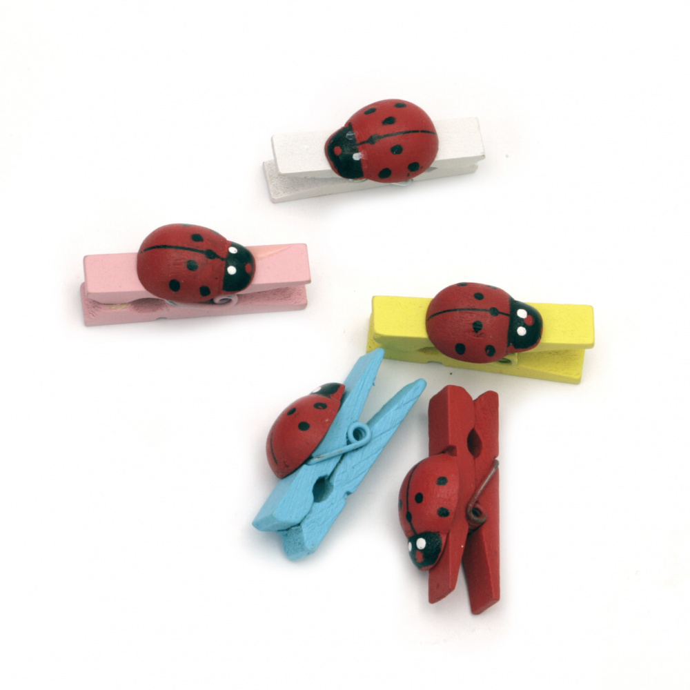 Wooden Decorative Clamps 7x36 mm with ladybug MIX -20 pieces