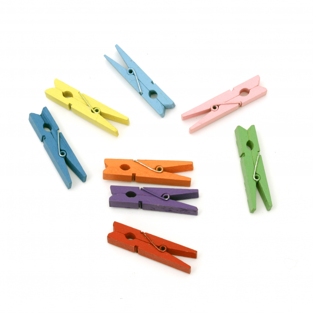 Wooden clips 6x44 mm assorted colors ~ 25 pieces