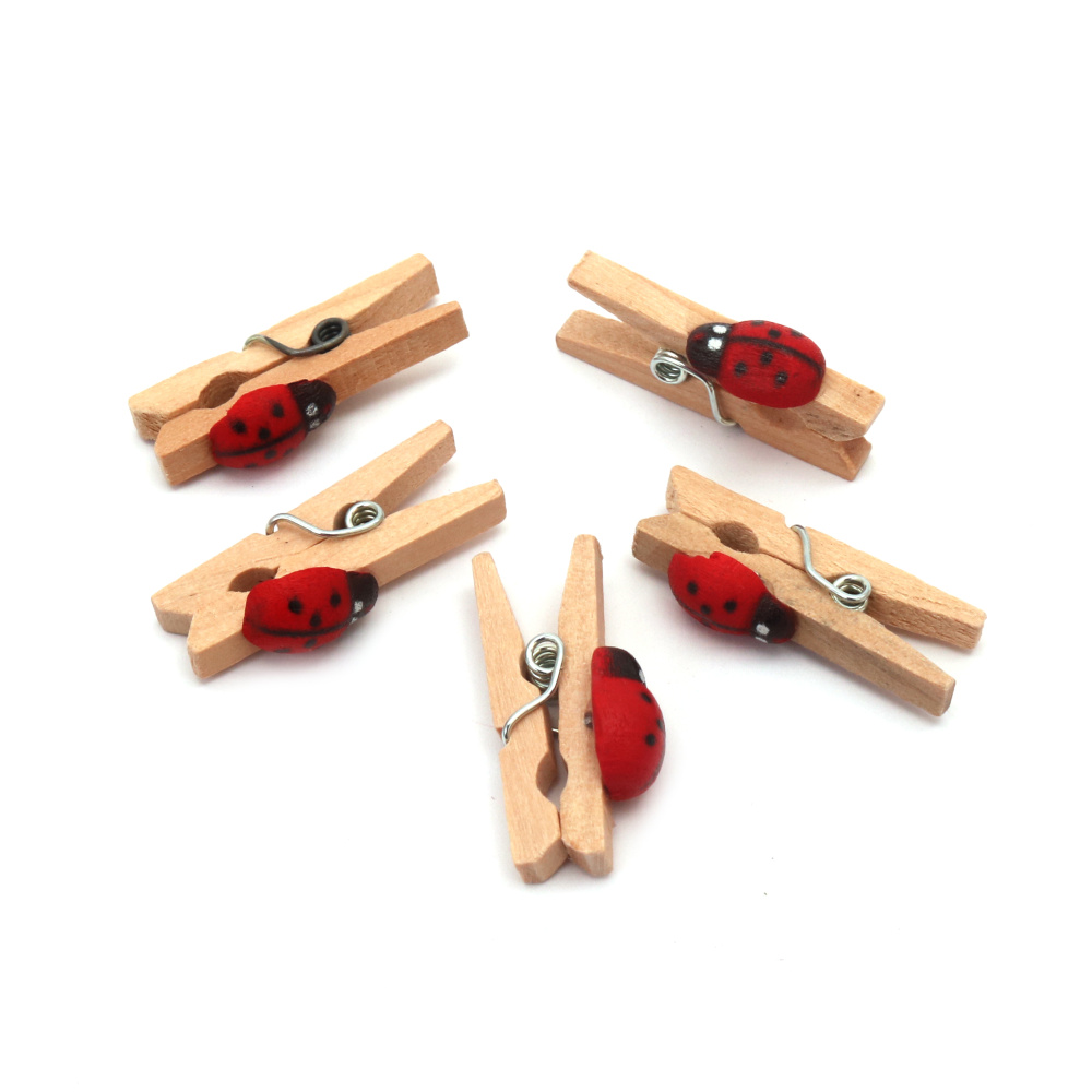 Mini Wooden Clips, Size: 4x30 mm, with Ladybird, color Wood - 20 pieces small natural craft clips for decoration
