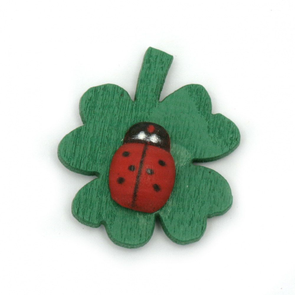 Wooden clover with ladybugs with glue tape 25x27 mm -20 pieces