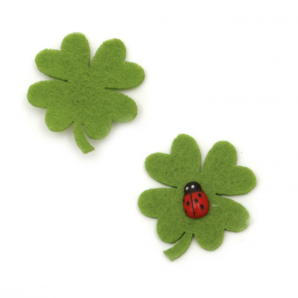 Clover made of felt with ladybug, 45x40 mm - 10 pieces