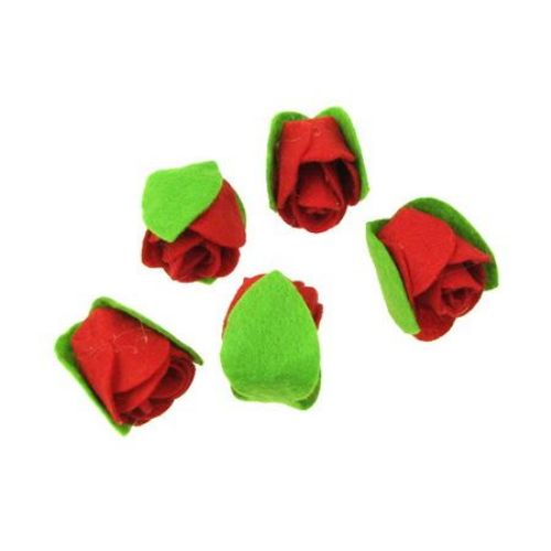 Rose two leaves felt 30x25 mm red -5 pieces
