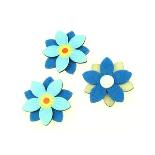Λουλούδι ξύλινο και τσόχα 45 mm με αυτοκόλλητο πέντε φύλλα μπλε -10 τεμάχια