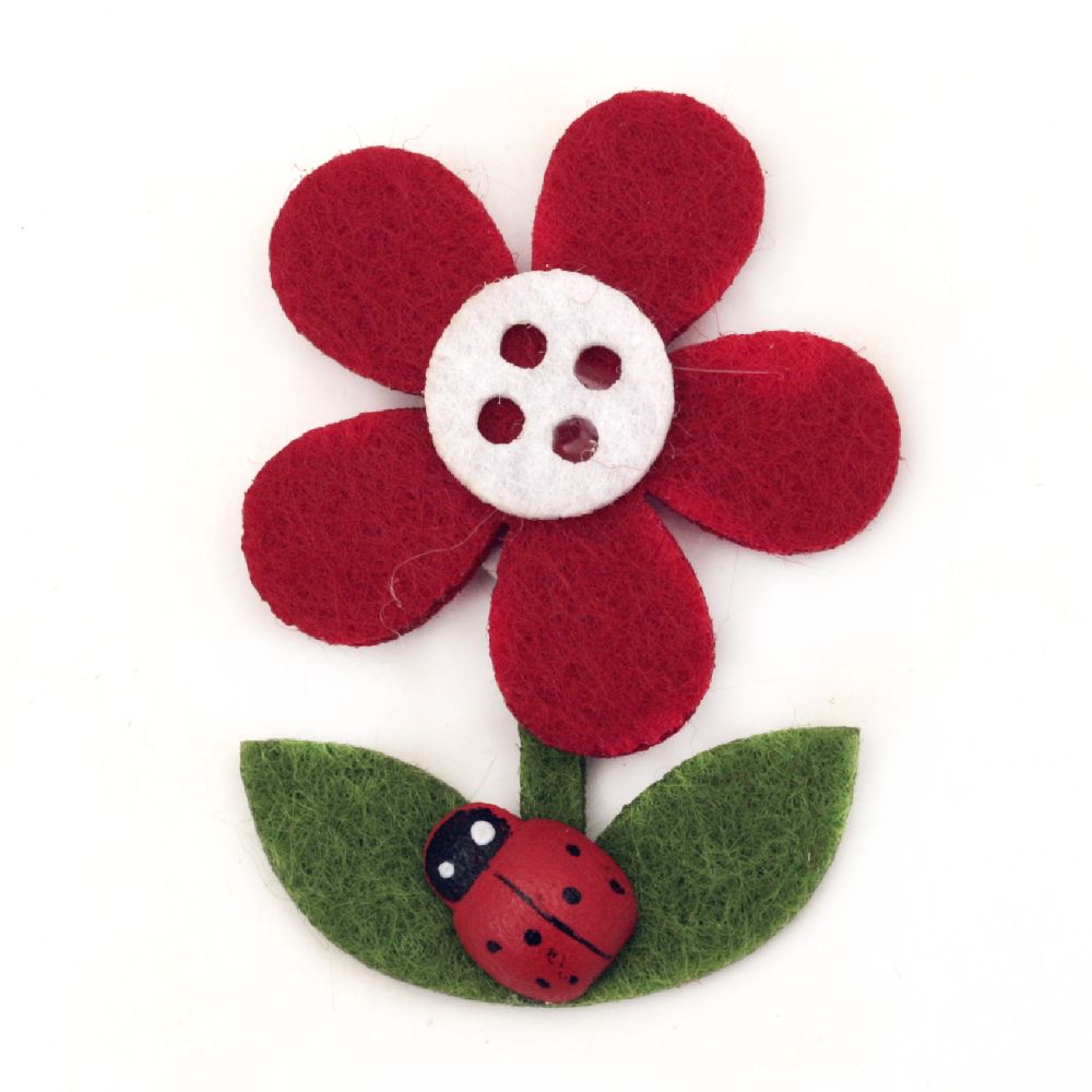 Felt flower with ladybug, with glue 30x43 mm - 10 pieces
