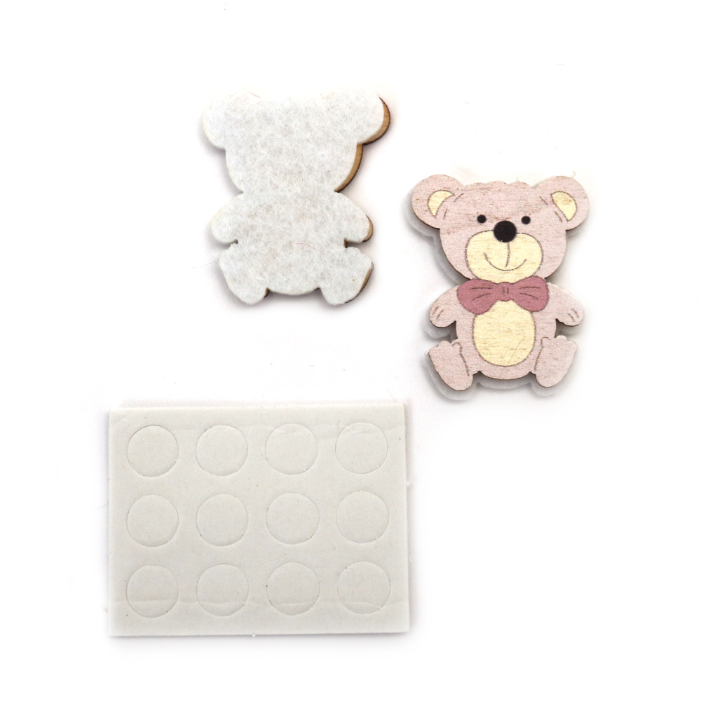 Bear, Wooden Sticker, 38x29 mm, Pale Pink - 10 Pieces