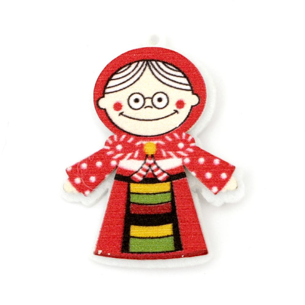 Baba Marta Pendant, Wood and Felt with Adhesive, 41x31 mm, Hole 1.5 mm - 10 Pieces