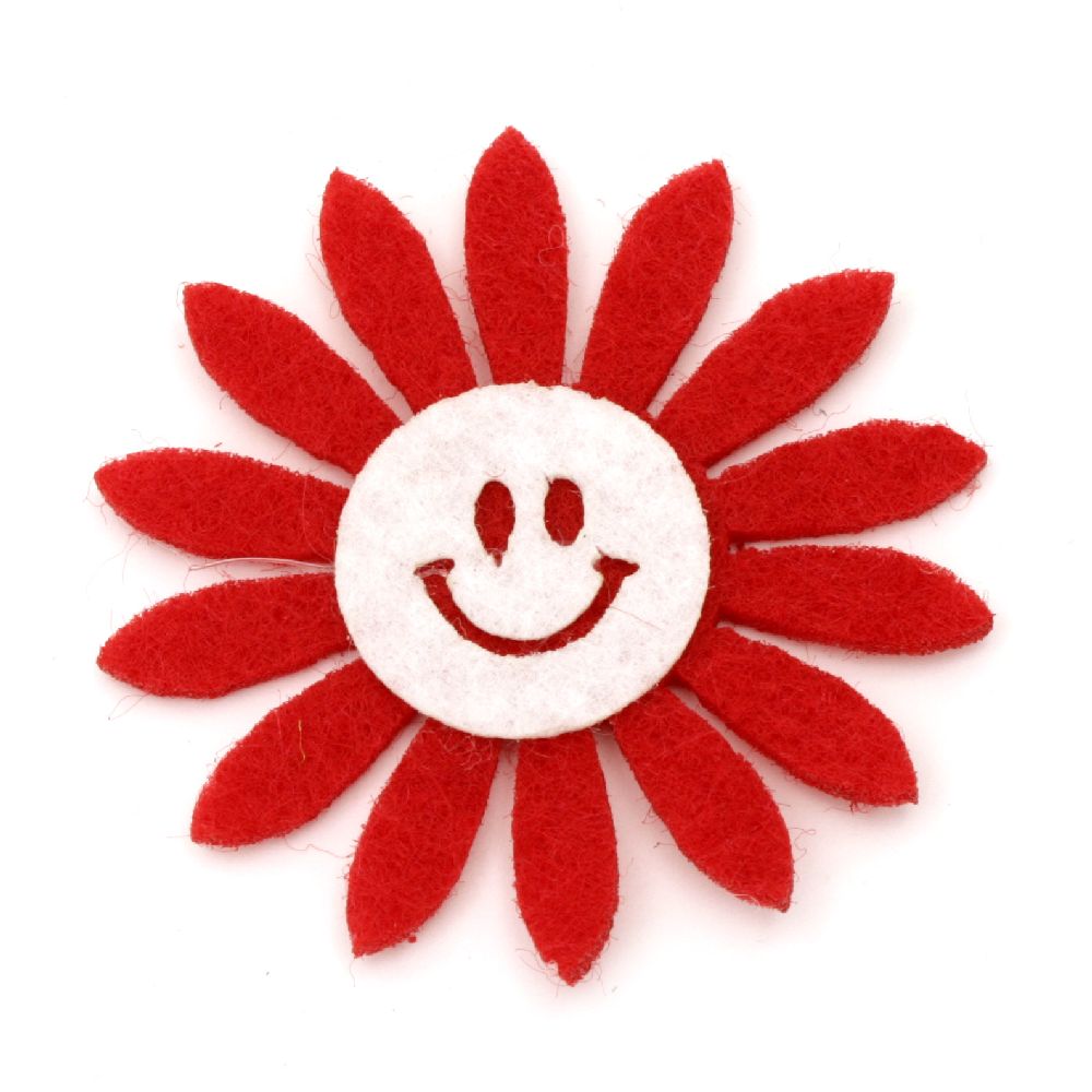 Felt flower with a smile  for decoration of greeting cards, albums 50x2 red with white - 10 pieces