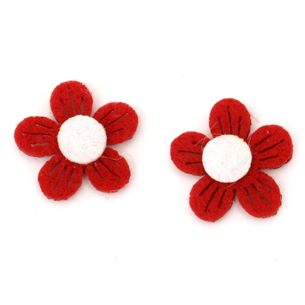 Flower from felt for handmade decorations 21x5 mm 2 layers red with white - 10 pieces