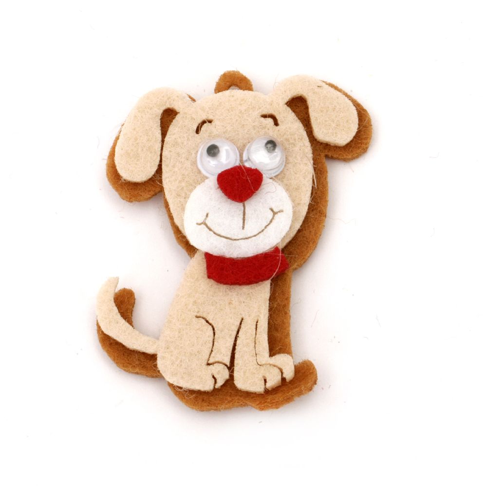 Dog Pendant, Felt, 49x38 mm, Hole 1 mm, with Wiggly Eyes - 5 Pieces