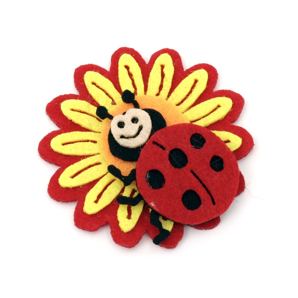 Flower with ladybug from felt for various school projects 55x55x9 mm red with yellow - 5 pieces