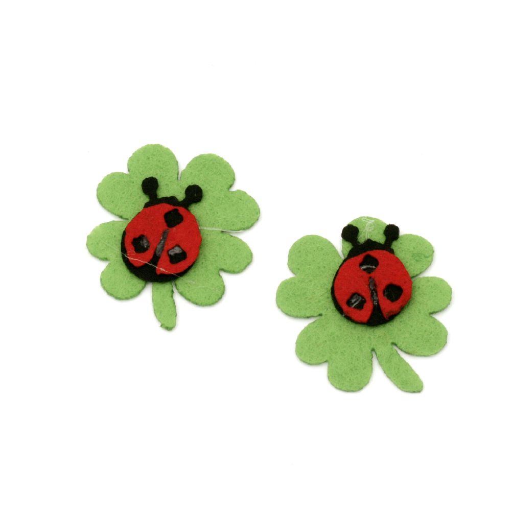Clover with a ladybug made of felt 35x30 mm -10 pieces
