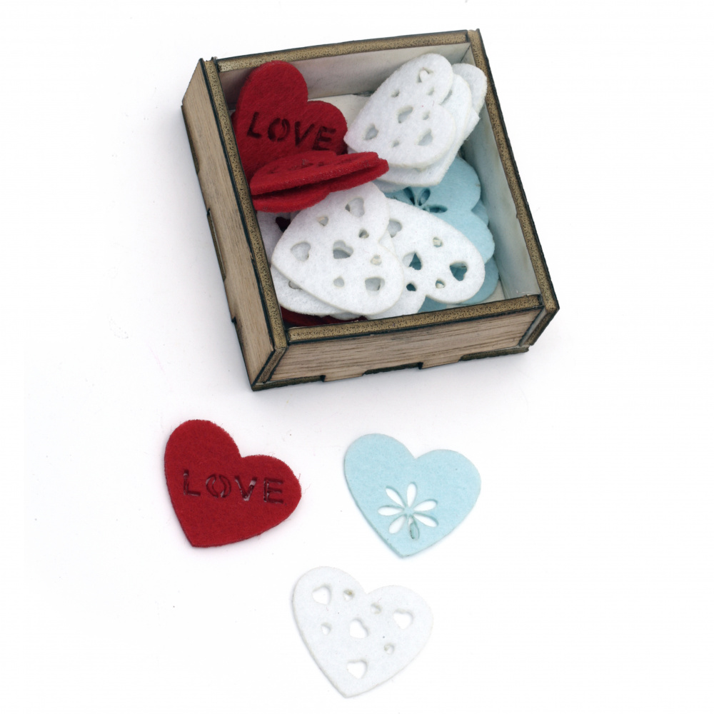 Assorted hearts from felt 30x2 mm mixed colors in a box - 30 pieces
