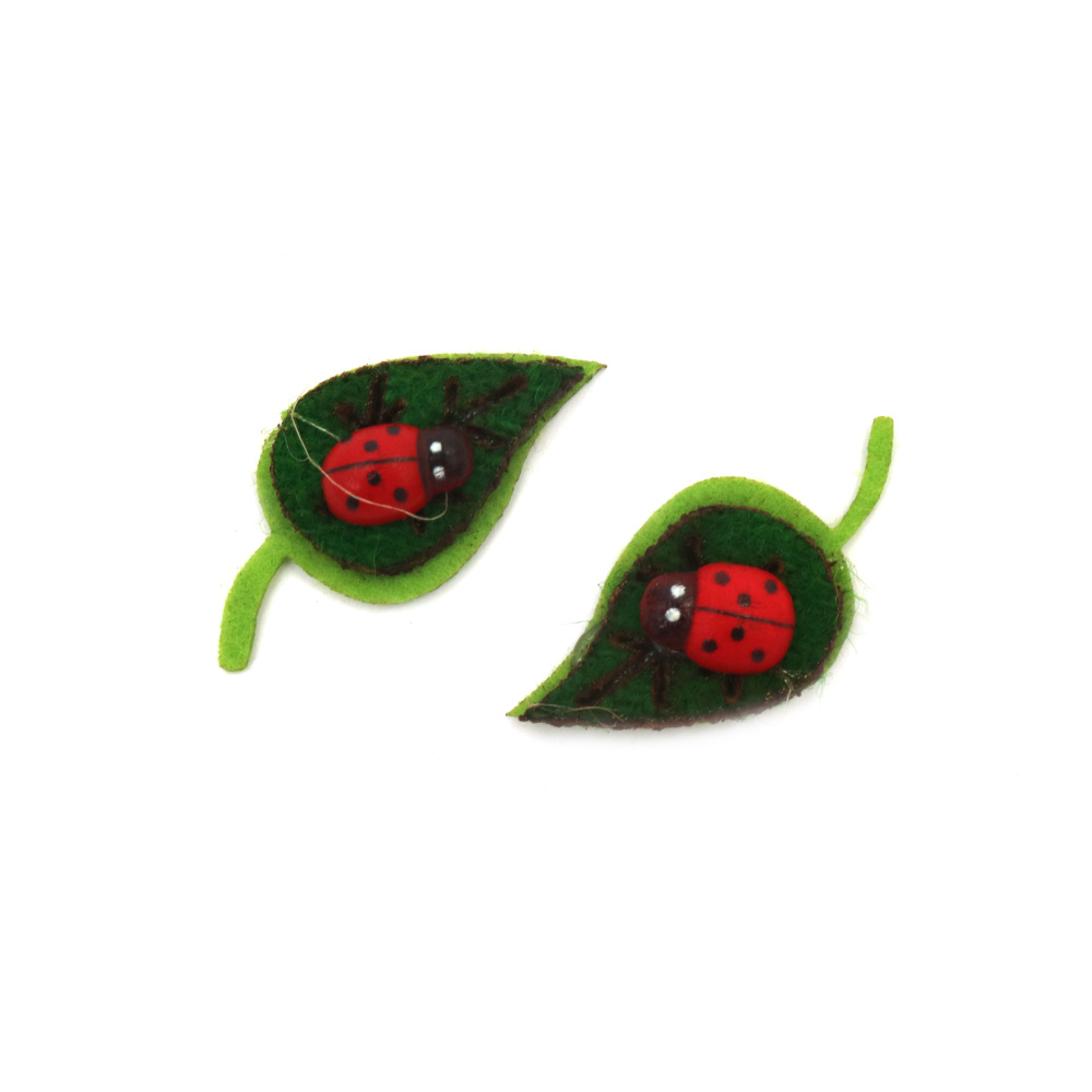 Leaf with ladybug of felt for embellishment of festive cards, frames, albums 40x20 mm - 10 pieces