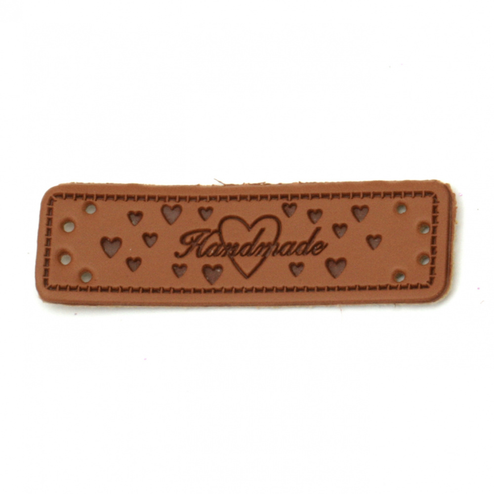 Faux leather element for decoration with tiny hearts 50x15x1.2 mm hole 1 mm with inscription "Handmade" color brown - 10 pieces
