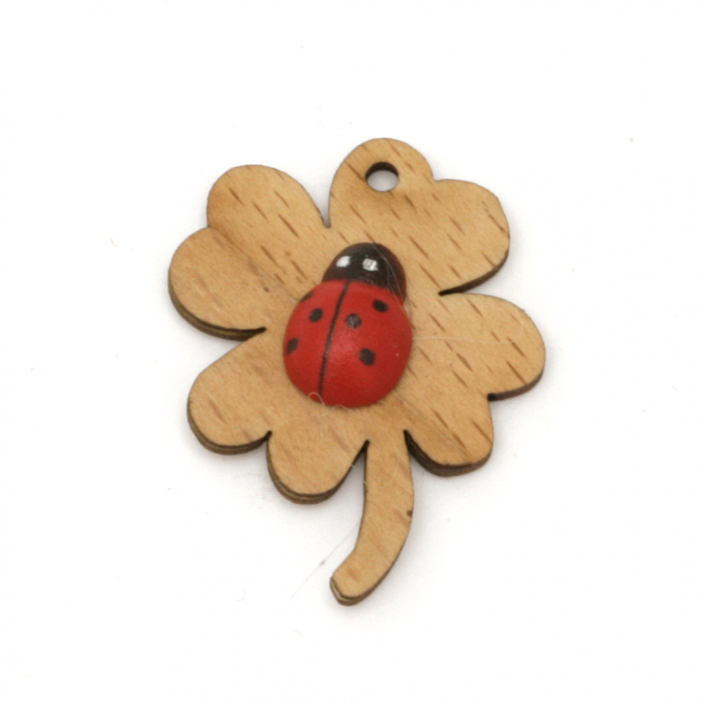 Wooden figure, Clover with ladybug 35x25x1.5 mm hole 2 mm -5 pieces
