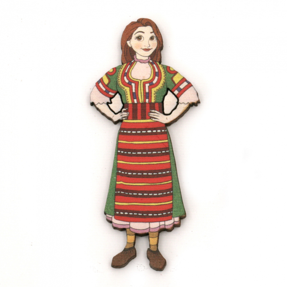 Wooden Decorative Figure, Woman with Folk Dress / 75x30 mm - 2 pieces