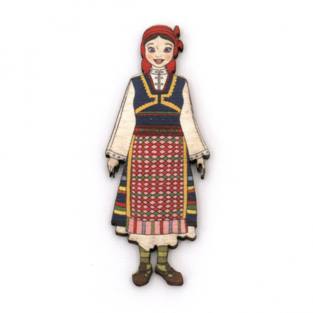 Wooden Charm of a Woman in Traditional Dress / 75x30 mm - 2 pieces