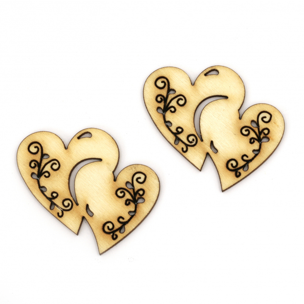 Wooden Heart-Shaped Decorative Figurine with Ornaments, 40x45x2 mm - Set of 5 Pieces