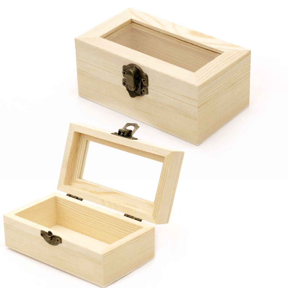 Unfinished Wooden Box with window and metal clasp 124x74x50 mm 