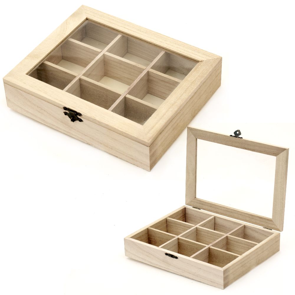 Wooden box with window and metal clasp 220x180x50 mm  9 sections