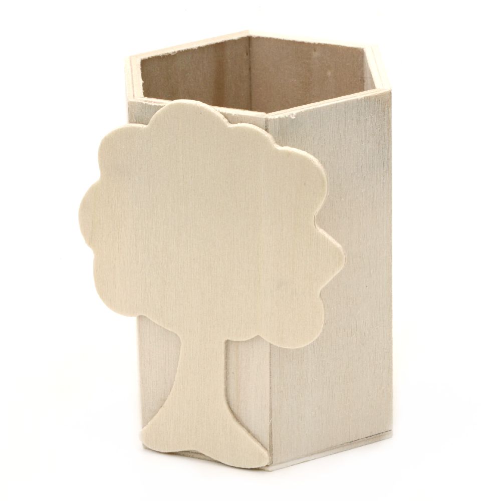 Wood pencil holder 80x70x100 mm with decoration white