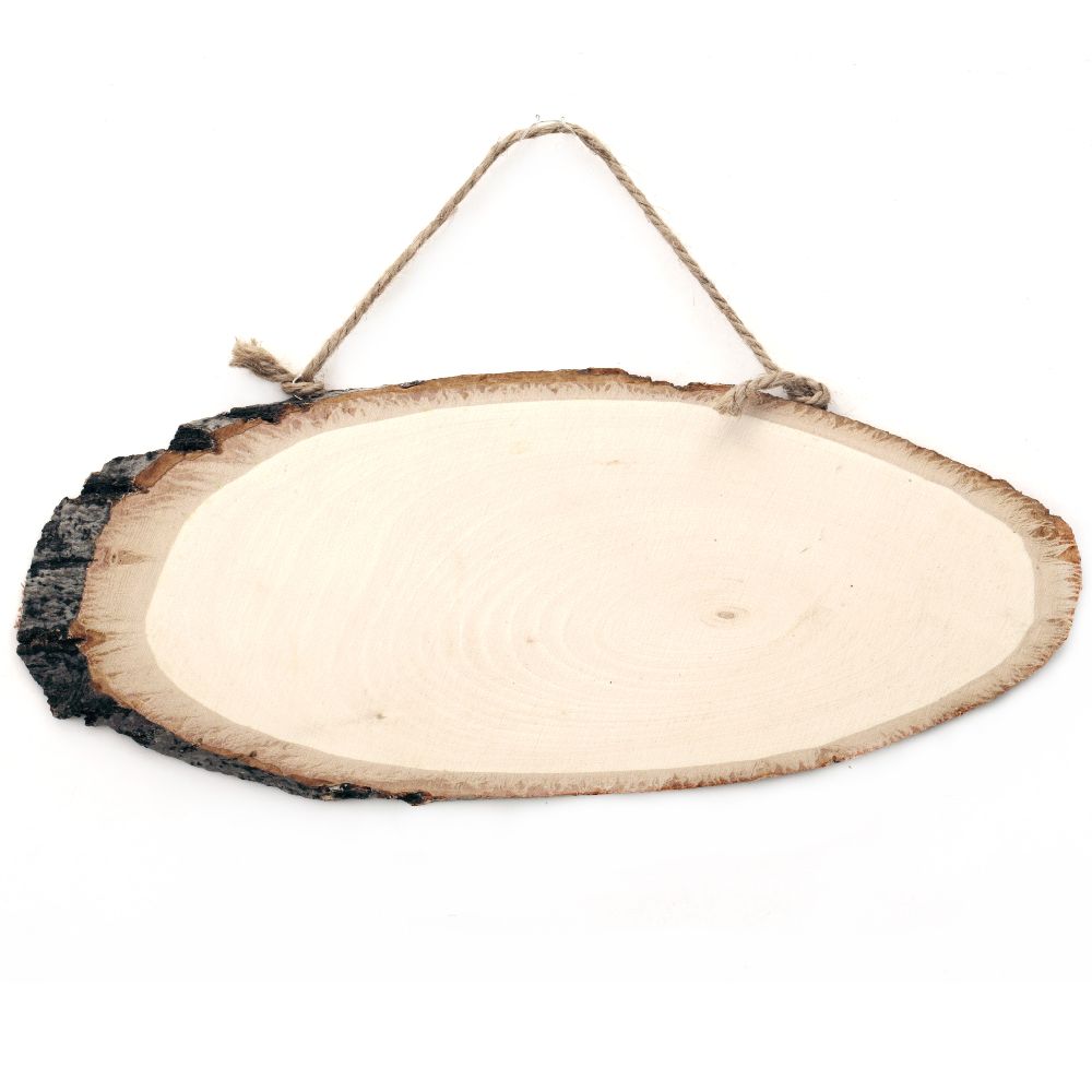 Oval shaped unfinished wooden slice with rope  280~300x100~120mm