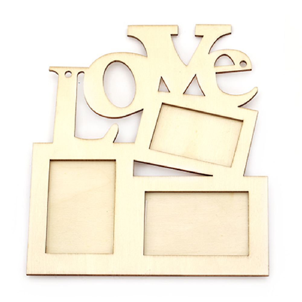 Unfinished Wooden photo frame 165/190 mm 3 pictures with  script "Love" white