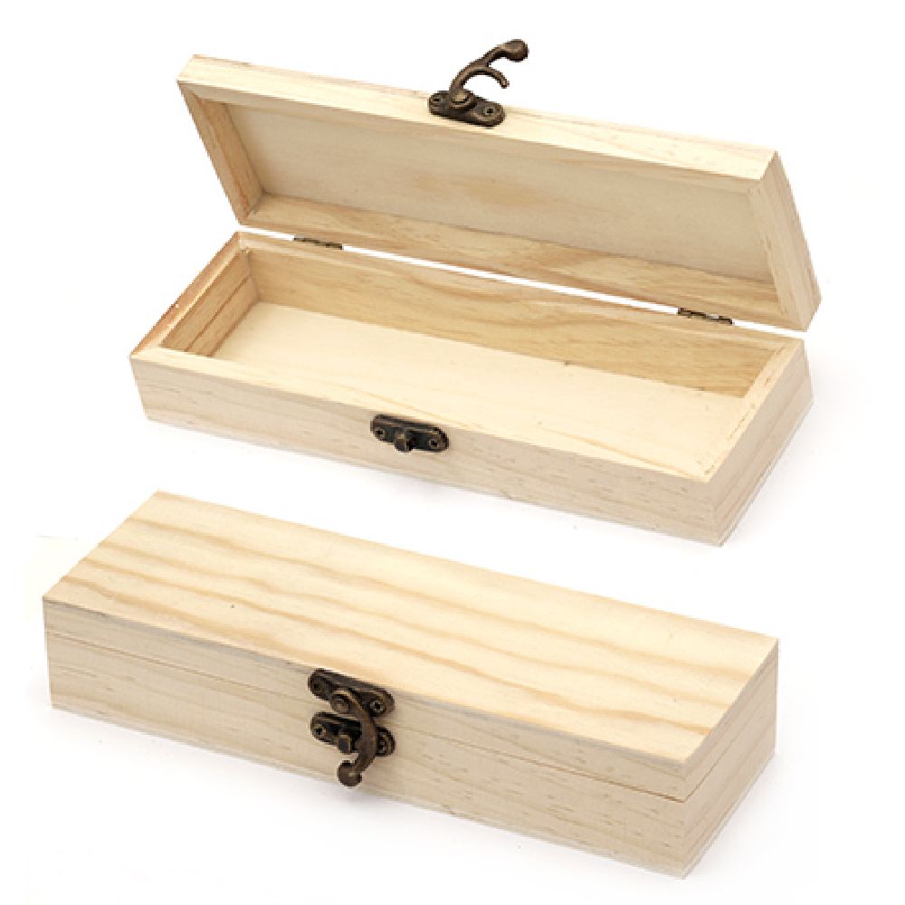 Unfinished Wooden Box with dark metal clasp 210x70x40 mm 