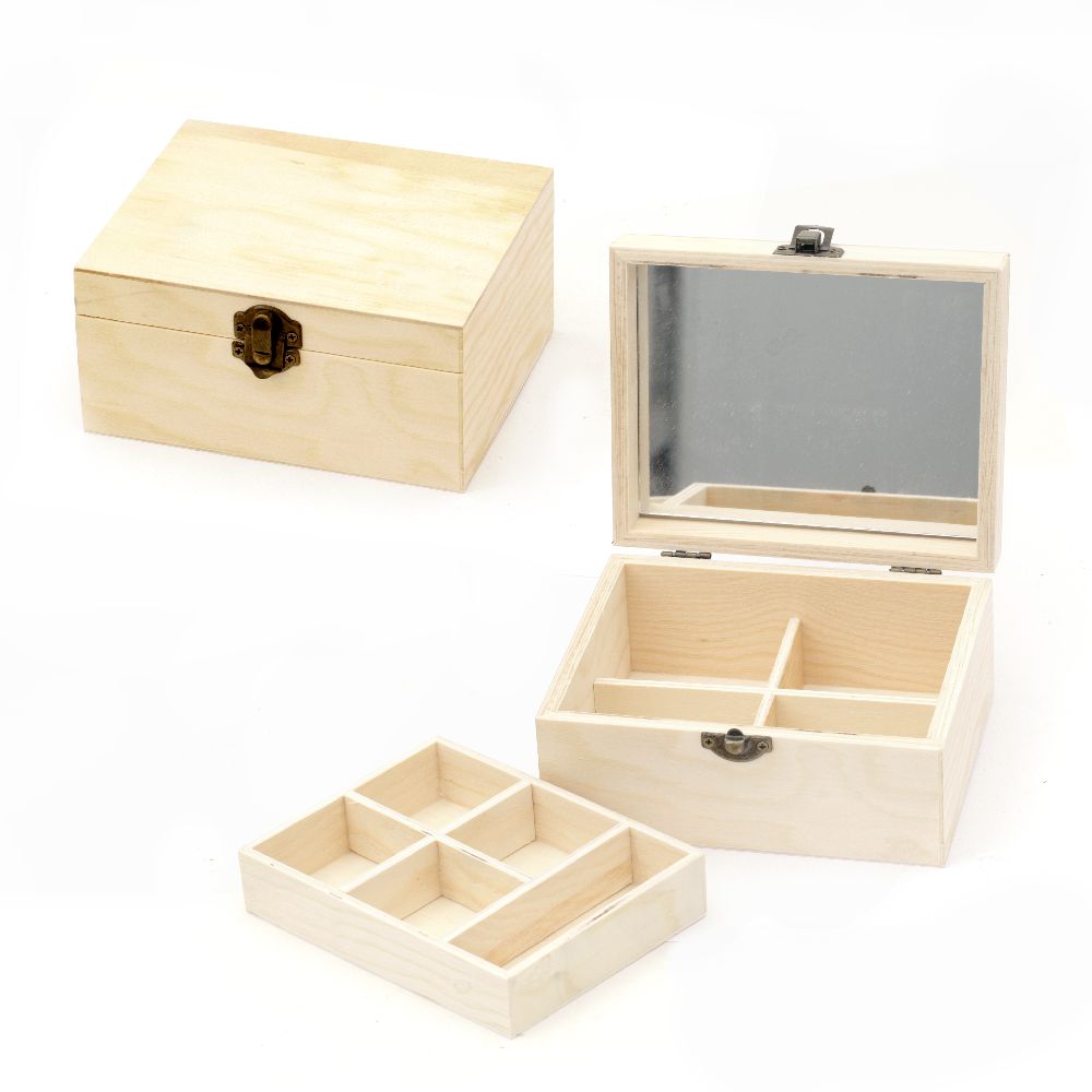 Wooden box with mirror on the inside of the lid 150x120x70 mm two levels divisions