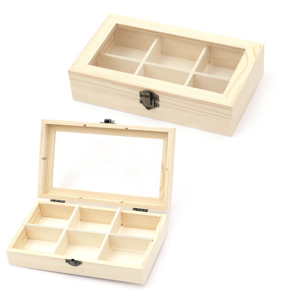 Wooden box with window and metal clasp 220x130x50 mm  6 sections