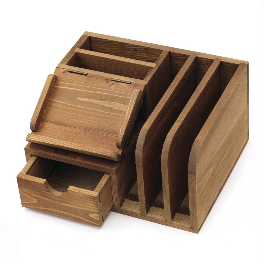Wooden organizer with small drawer 210x170x115 mm   multiple divisions, dark wood