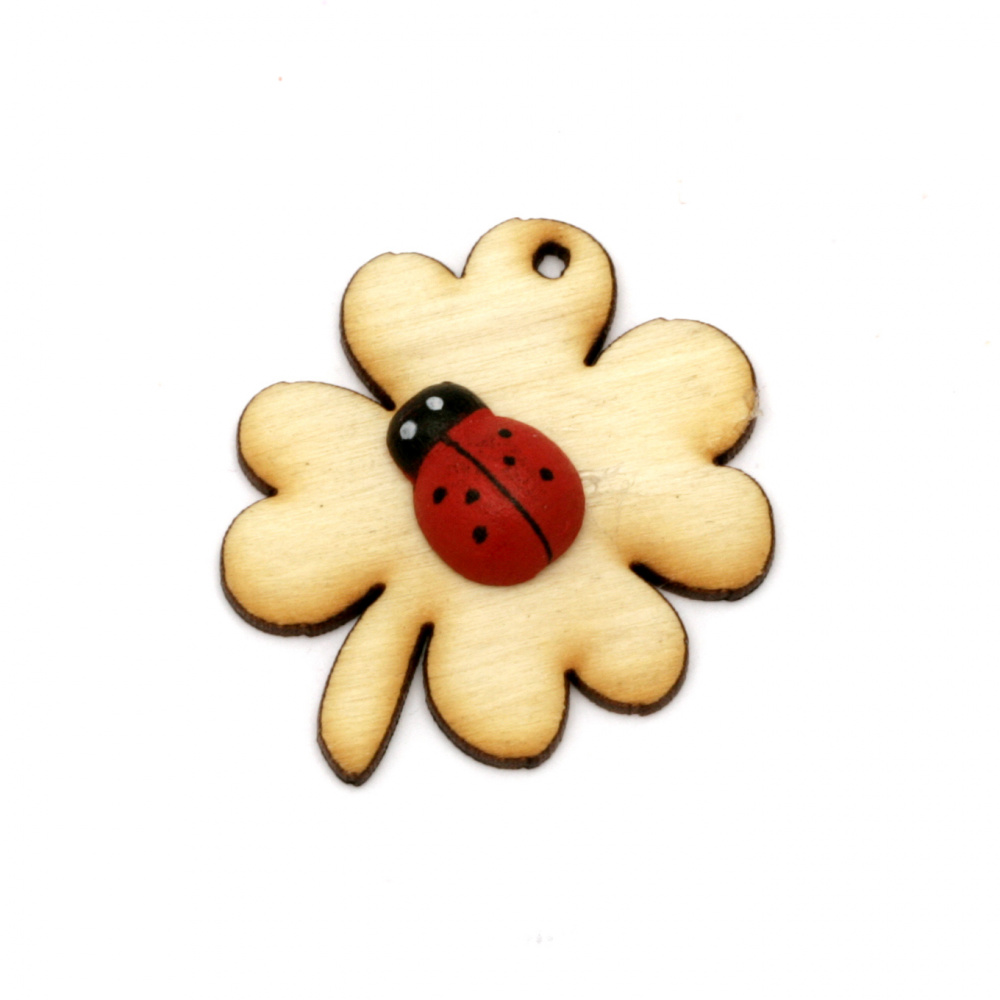 Wooden Figurines for Decoration /  Clover with Ladybug / 35x25 mm - 5 pieces