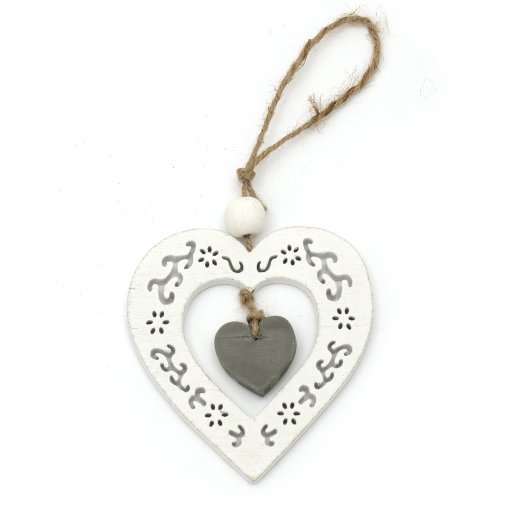Pendant wood 2 in 1 heart 9.2x10x0.6 cm white and gray -1 piece