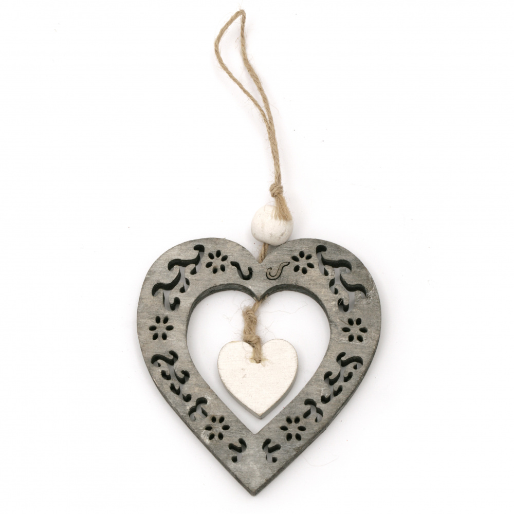 Pendant wood  2 in 1 heart 9.2x10x0.6 cm gray and white -1 piece